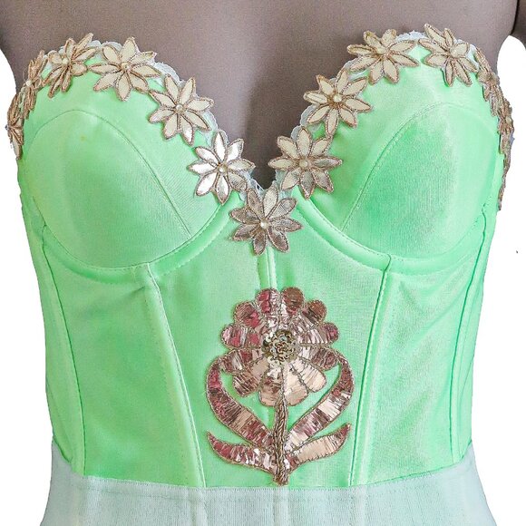Embroidered Green Floral Corset Womens Bustier Top Elegant Floral Shapewear 34C - Picture 5 of 6